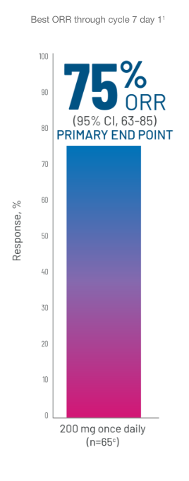 Bar graph showing Best ORR through cycle 7 day 11 of 200 mg once daily (n=65c) with response rate % as x-axis. Text overlay states 75% ORR (95% CI, 63-85), PRIMARY END POINT.